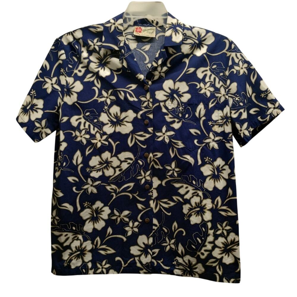 Hilo Hattie Men's Size Small Blue Hibiscus Floral Hawaiian Button-Up Shirt